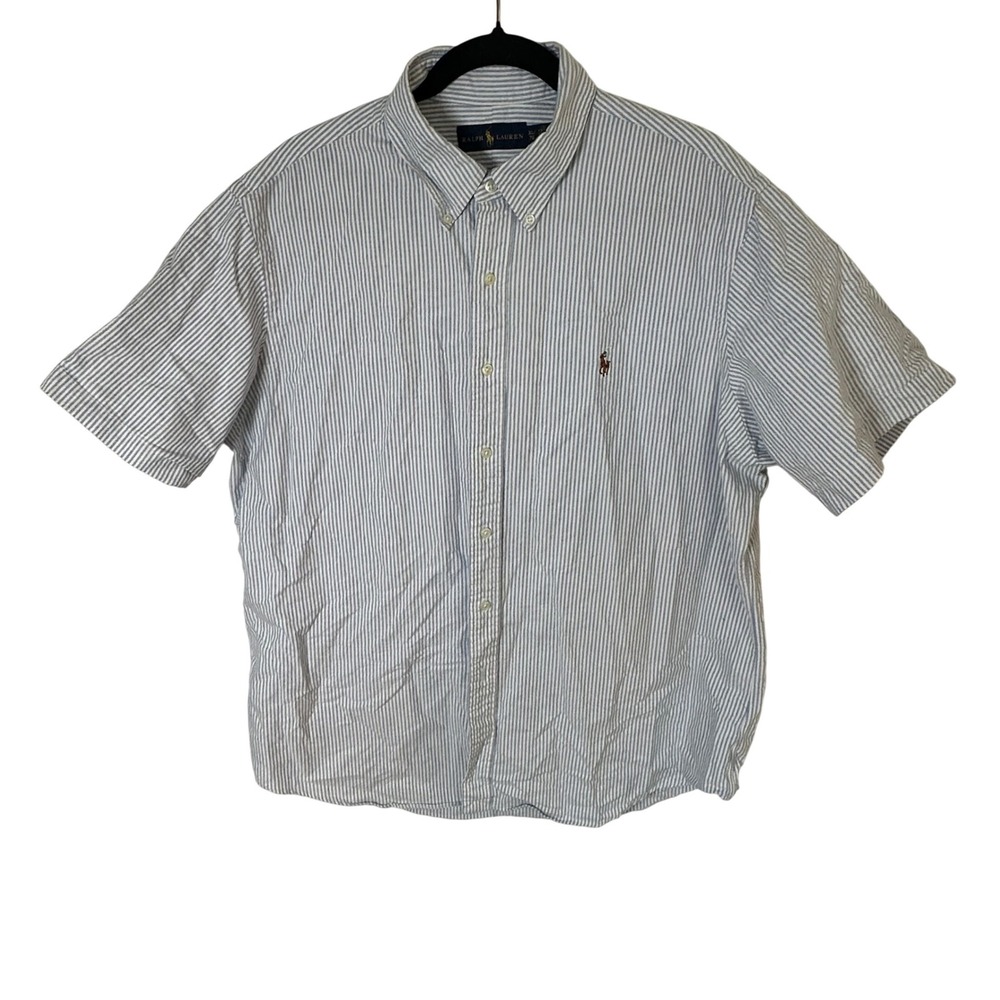 Ralph Lauren Button Down Mens XL Blue Striped Short Sleeve Seersucker Shirt
